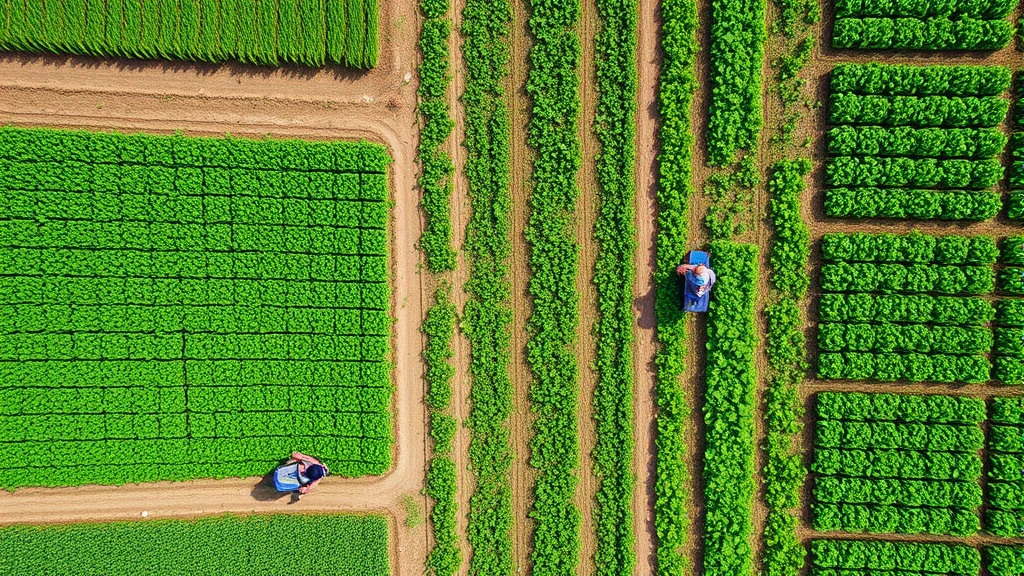 Aerial view of agricultural fields with farmers using modern sustainable farming equipment, green crops, clear environmental conditions, showing person-environment-occupation alignment in agricultural sector