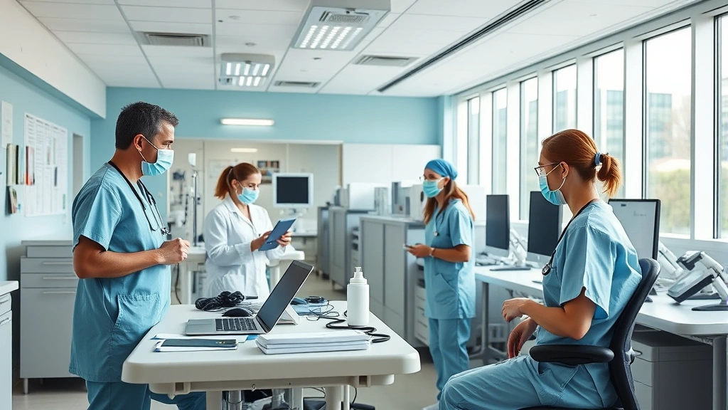 Healthcare workers in a well-designed hospital environment with proper ergonomics, natural lighting, supportive equipment, and collaborative workspace, demonstrating occupational fit and environmental optimization