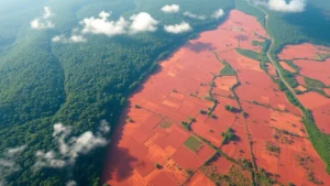 Aerial view of deforestation boundary showing intact rainforest transitioning to cleared agricultural land with exposed red soil, morning mist in valleys, photorealistic satellite perspective showing stark contrast between green and brown landscapes