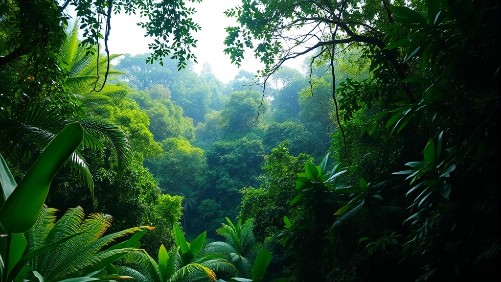 Lush tropical rainforest canopy with diverse green vegetation layers, sunlight filtering through dense foliage, showing healthy ecosystem complexity and biodiversity in natural setting