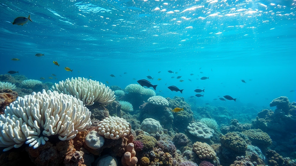 Underwater coral reef ecosystem with bleached white corals mixed with healthy colored corals, diverse fish species swimming through reef structure, tropical sunlight filtering through water column, showing ecosystem degradation and remaining biodiversity