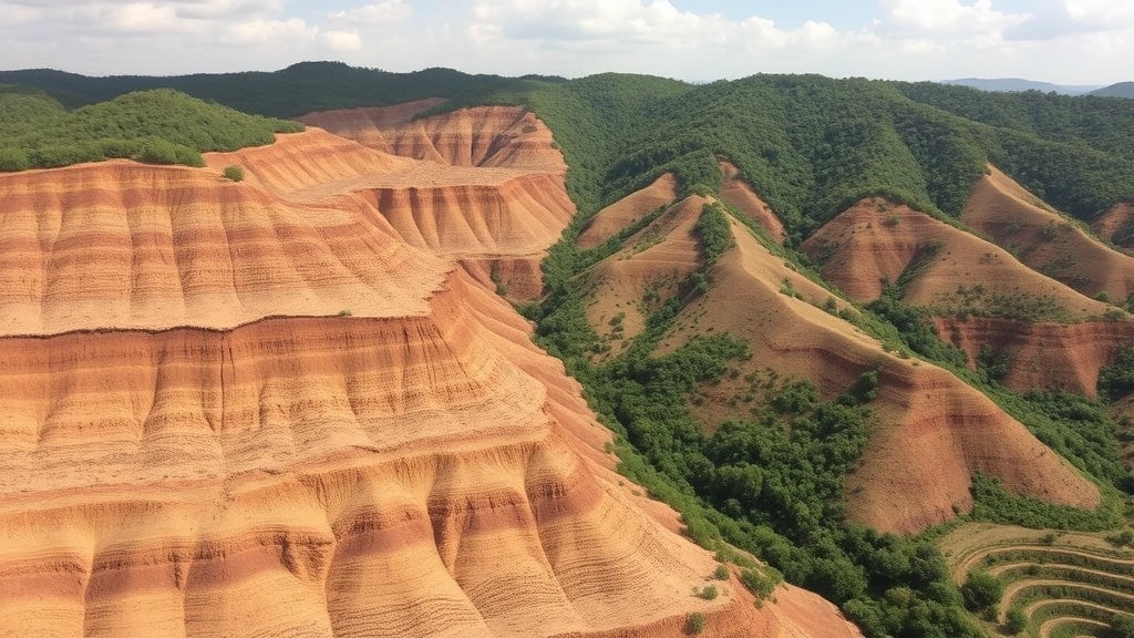Agricultural landscape showing soil erosion patterns and degraded hillsides contrasted with adjacent healthy vegetated terrain, demonstrating human land-use impacts on ecosystem structure