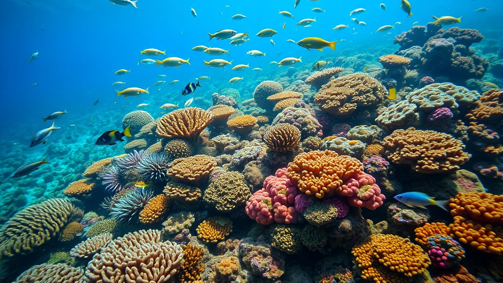 Underwater coral reef ecosystem with vibrant coral colonies and diverse fish species swimming through healthy marine habitat, representing functional biodiversity and ecosystem services