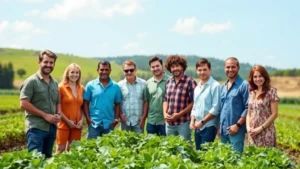 Diverse group of people working together in sustainable agriculture field with healthy crops, green landscape, and clear sky showing human-nature integration