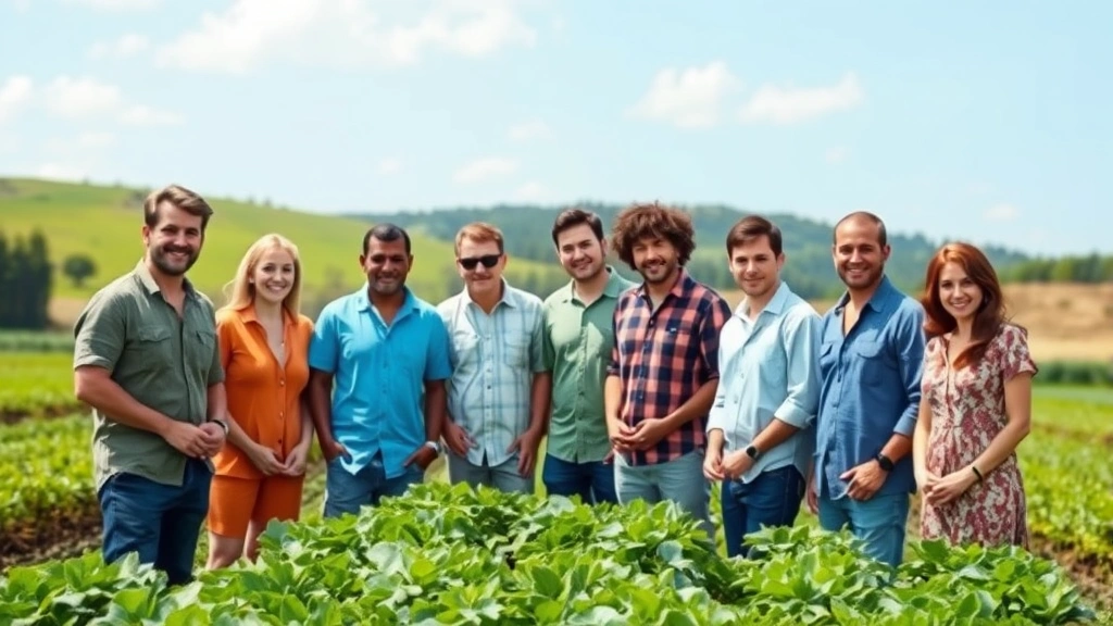 Diverse group of people working together in sustainable agriculture field with healthy crops, green landscape, and clear sky showing human-nature integration