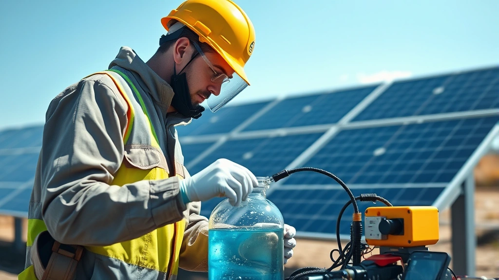 Industrial worker in protective gear examining water quality testing equipment near renewable energy solar panels, illustrating labor and environmental sustainability connection