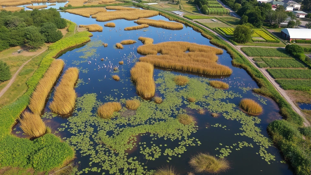 Aerial view of thriving restored wetland ecosystem with water birds, vegetation, and surrounding community gardens, showing ecological restoration and human benefit