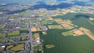 Aerial view of diverse landscape showing urban development, agricultural fields, and natural forest patches seamlessly integrated, representing human-environment interconnection and ecological embedding of economic systems