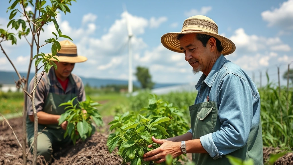 Workers in sustainable agriculture or renewable energy sector actively engaged with natural environment, showing how labor and environmental health interconnect through green economy opportunities