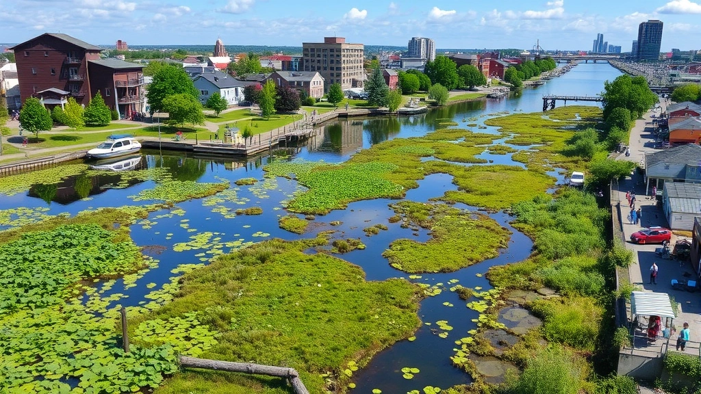 Bustling waterfront community with restored wetlands, clean water, urban green spaces, and people engaged in recreation and commerce, illustrating thriving ecosystem services supporting human prosperity and economic activity