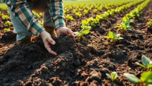 Farmer examining soil quality in agricultural field with diverse ecosystem, morning light, hands in dark earth showing rich biodiversity, natural landscape background