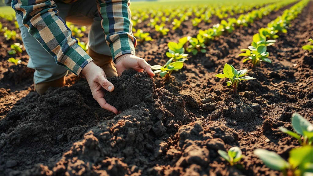 Farmer examining soil quality in agricultural field with diverse ecosystem, morning light, hands in dark earth showing rich biodiversity, natural landscape background