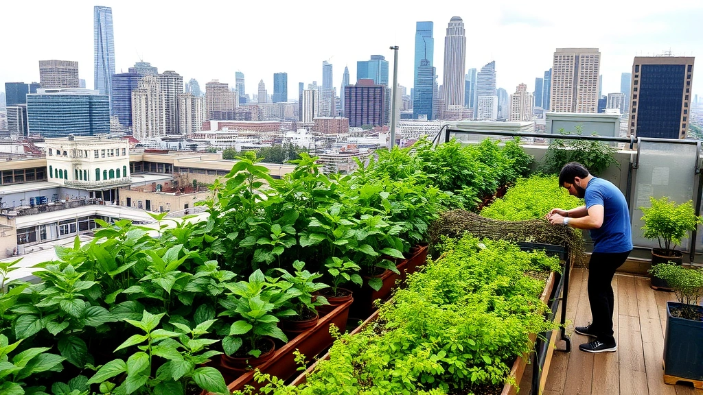 Urban rooftop garden with city skyline, green plants growing in containers, person tending vegetation, showing integration of human activity within natural systems