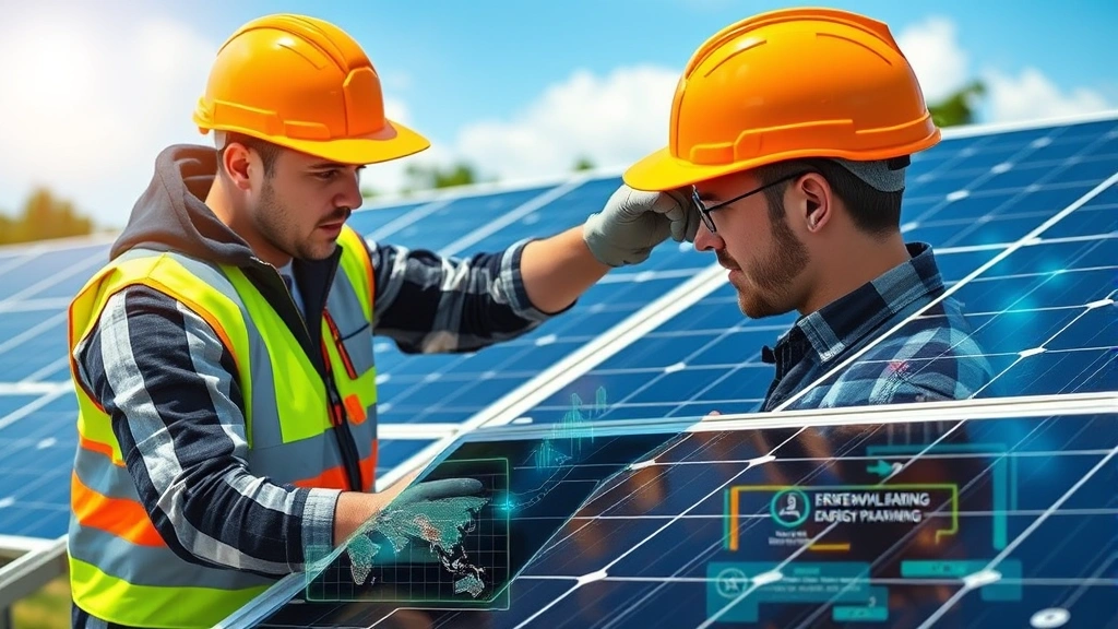 Renewable energy technician training on solar panel installation with digital interface overlay showing real-time skill assessment and personalized learning pathway, green technology workforce development