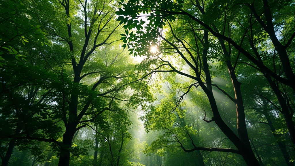 Lush green forest canopy with dappled sunlight filtering through leaves, misty morning atmosphere, photorealistic nature photography, no text or labels visible
