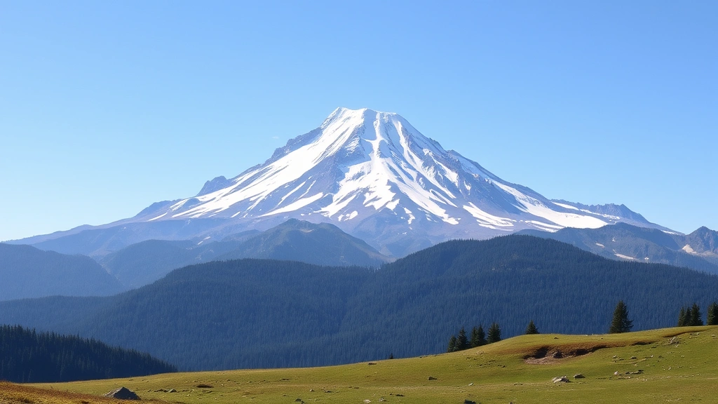 Mountain landscape showing distinct ecological zones from snow-capped peak through forested slopes to grassland base, clear atmospheric perspective, alpine ecosystem diversity visible