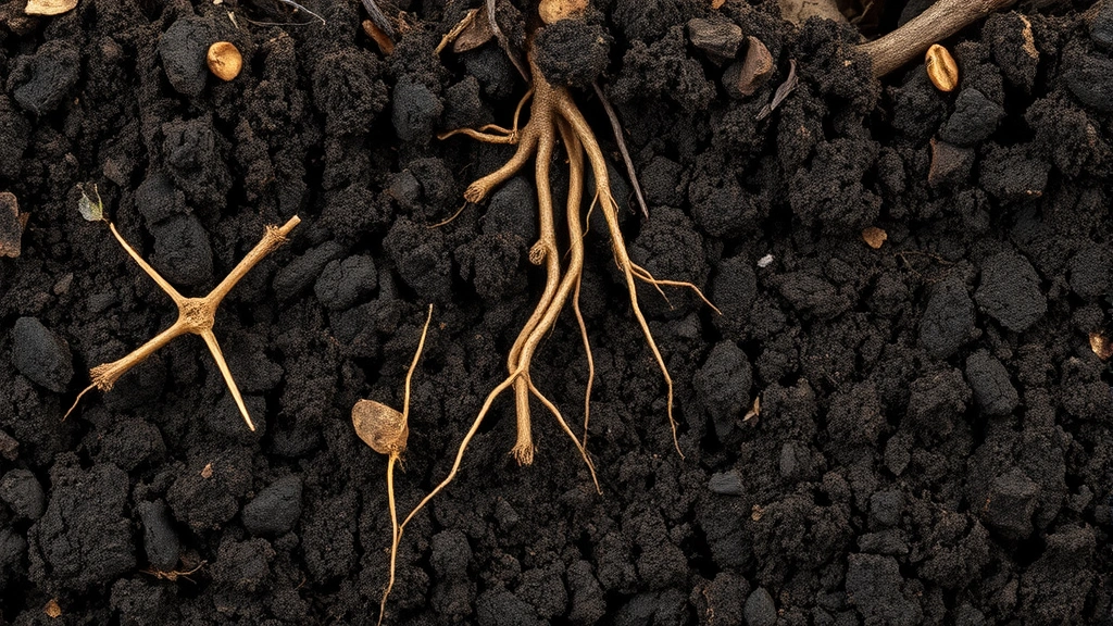 Healthy dark soil cross-section showing rich organic matter, plant roots, and soil structure, close-up macro photography, earthy tones, agricultural and ecological focus, no text