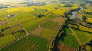 Photorealistic aerial view of lush green agricultural fields with irrigation channels, sunlit terrain showing soil quality variations and crop rows, diverse landscape with forest patches and water bodies reflecting environmental diversity