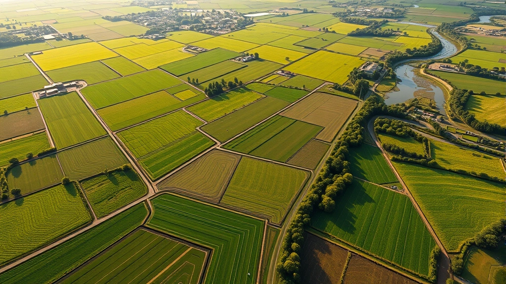Photorealistic aerial view of lush green agricultural fields with irrigation channels, sunlit terrain showing soil quality variations and crop rows, diverse landscape with forest patches and water bodies reflecting environmental diversity