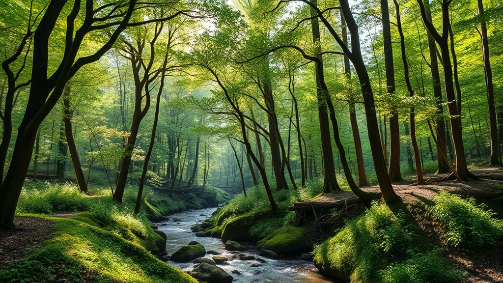 Photorealistic forest ecosystem with diverse tree species, understory vegetation, flowing stream, dappled sunlight through canopy, showing biodiversity and ecosystem services that support economic value