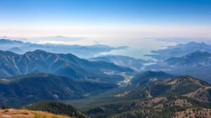 Aerial view of diverse landscape showing mountains, forests, and water bodies meeting at horizon under clear sky, photorealistic natural environment composition