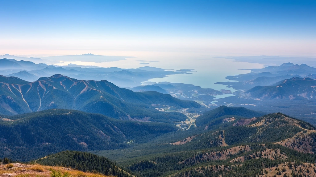 Aerial view of diverse landscape showing mountains, forests, and water bodies meeting at horizon under clear sky, photorealistic natural environment composition