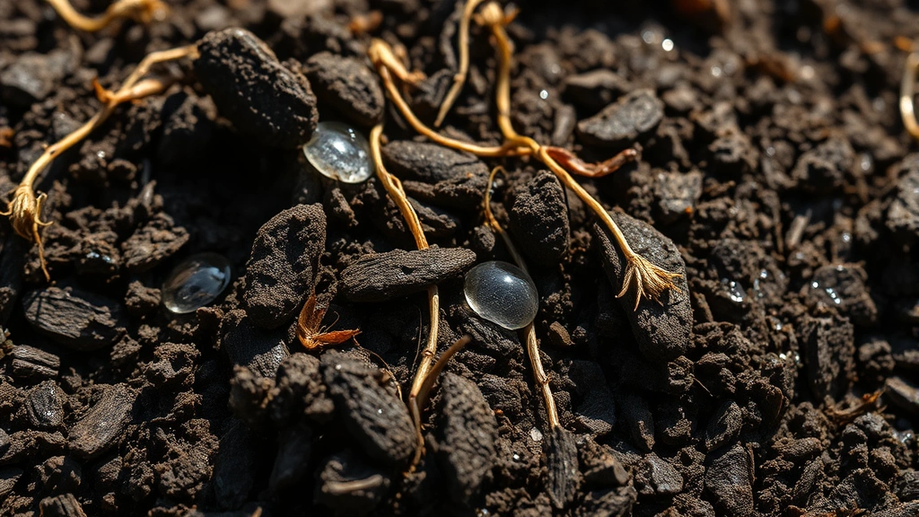 Close-up of rich dark soil with visible organic matter, plant roots, and water droplets in sunlight, showing soil structure and biological activity