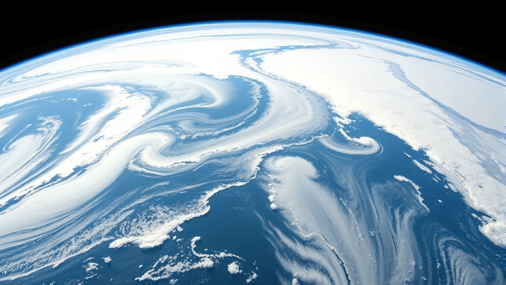 Satellite view of Earth's curved horizon showing atmospheric layers in blues and whites, cloud systems, and ocean waters below