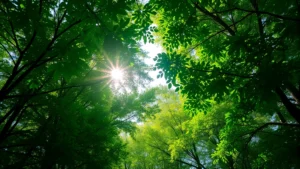 Lush green forest canopy with sunlight filtering through dense leaves, showing biodiversity and healthy ecosystem structure, photorealistic nature photography
