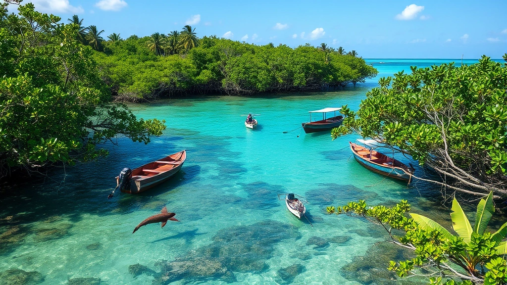 Coastal mangrove forest meeting turquoise ocean water with small boats and wildlife, demonstrating ecosystem services and natural economic value