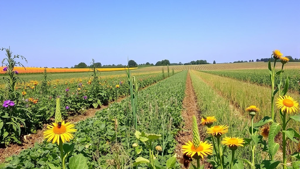 Agricultural field with diverse crops and pollinators, showing sustainable farming practices and ecosystem-based food production systems