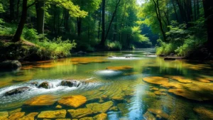 Pristine forest watershed with clear flowing water, lush green vegetation reflected in crystal-clear stream, sunlight filtering through canopy, photorealistic nature scene demonstrating water purification ecosystem services