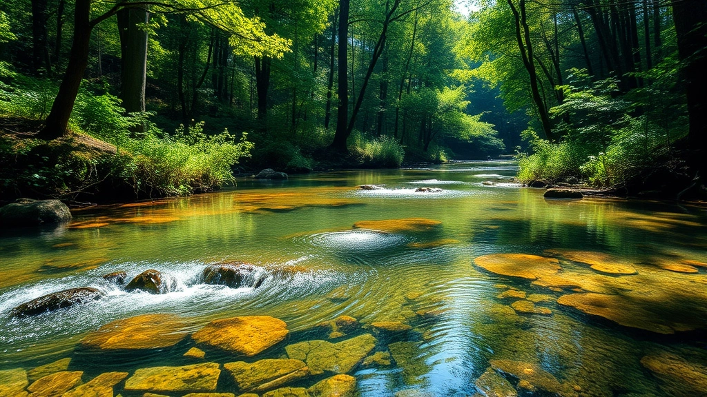 Pristine forest watershed with clear flowing water, lush green vegetation reflected in crystal-clear stream, sunlight filtering through canopy, photorealistic nature scene demonstrating water purification ecosystem services