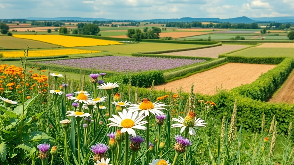 Diverse agricultural landscape with flowering crops, native bee species pollinating flowers, mixed farming systems with hedgerows and water features, photorealistic scene showing productive ecosystem services integration