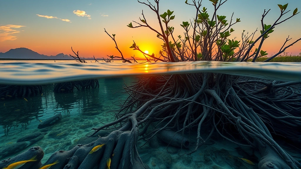 Coastal mangrove ecosystem with intricate root systems, fish and marine life in shallow waters, sunset over protected wetland area, photorealistic nature photography depicting multiple ecosystem services provision