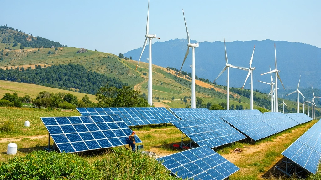 Diverse renewable energy installations including solar panels and wind turbines in rural landscape with workers installing equipment, natural lighting, photorealistic environmental economy scene