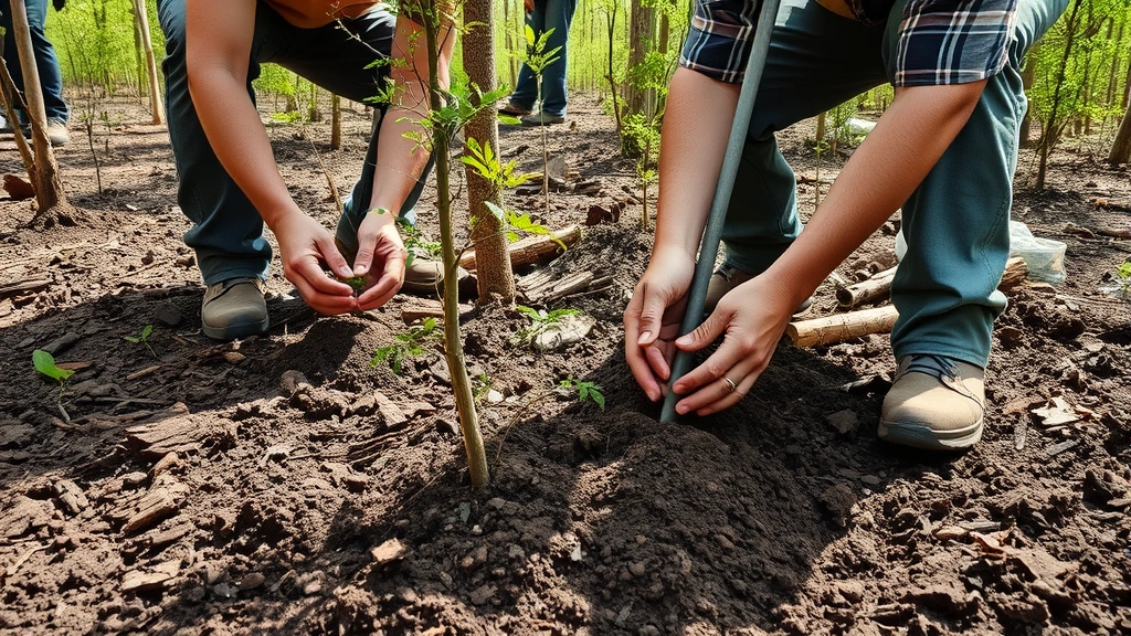 Forest restoration workers planting native trees in cleared degraded land, showing hands in soil, seedlings, and natural woodland habitat recovery, bright natural lighting