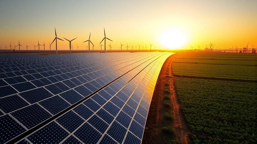 Solar panels and wind turbines in a vast renewable energy farm at golden hour, with green agricultural fields adjacent, demonstrating coexistence of clean energy and natural landscape productivity