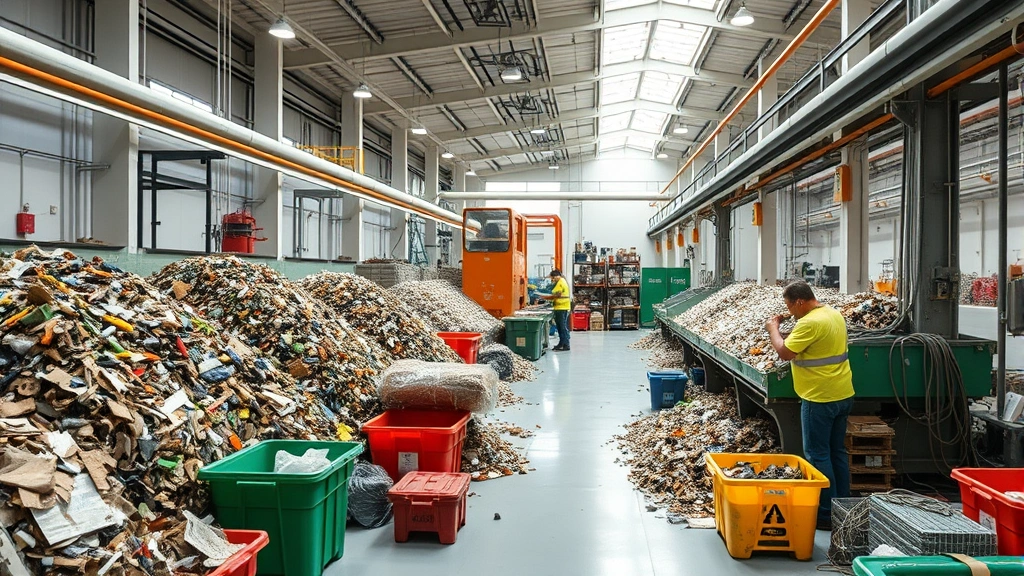 Modern circular economy facility showing material sorting and recycling operations with workers processing recovered materials, bright industrial interior with organized waste streams and equipment