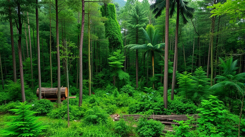 Lush forest ecosystem with sustainable forestry operations, showing selective logging practices, regenerating trees, and wildlife habitat preservation alongside economic resource management activities