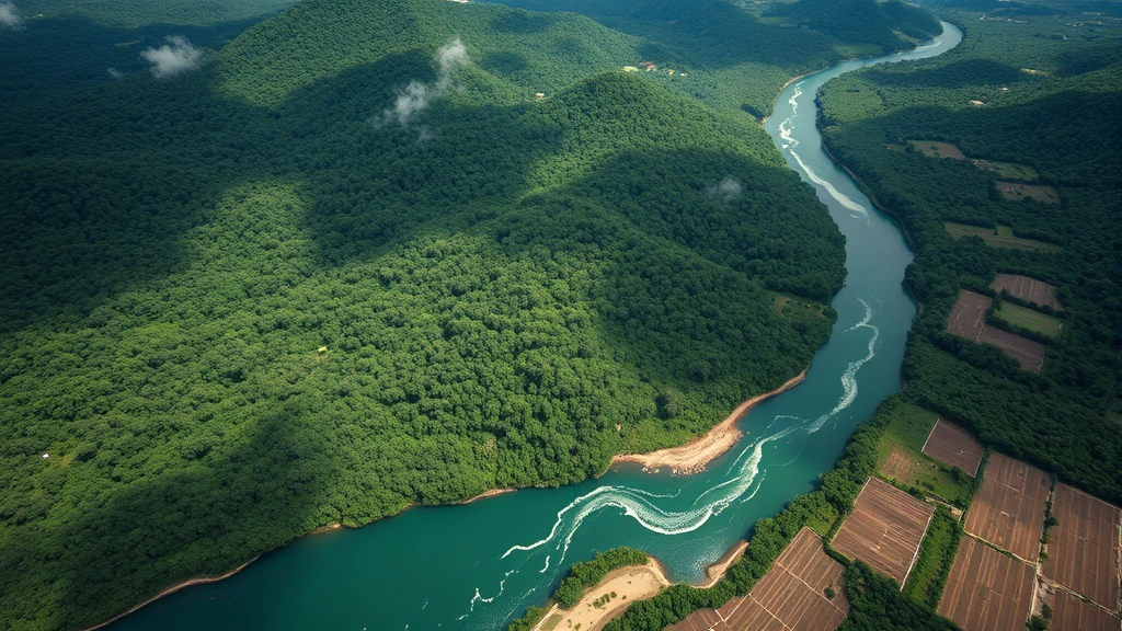 Aerial view of intact rainforest watershed feeding into a pristine river system with surrounding agricultural lands, showing the economic value of natural water filtration and ecosystem services in tropical landscape