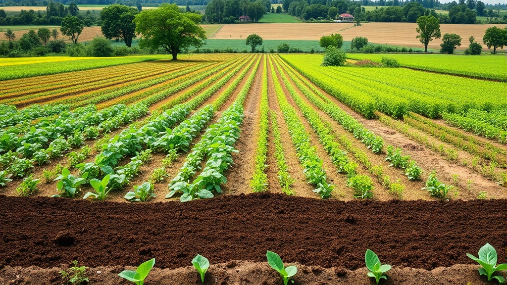Restored agricultural field with regenerative farming practices showing diverse crop rotation, healthy soil, pollinator insects, and restored ecosystem function creating economic productivity and food security