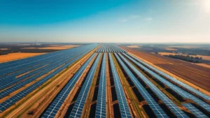 Aerial view of expansive solar farm with thousands of photovoltaic panels stretching across agricultural landscape under bright sunlight, showing clean renewable energy infrastructure