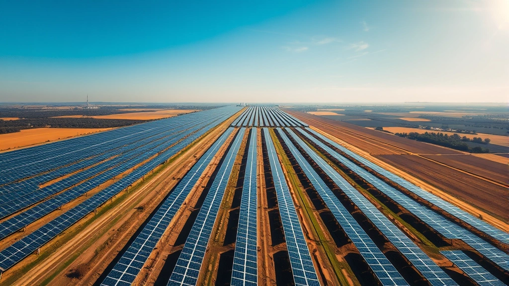 Aerial view of expansive solar farm with thousands of photovoltaic panels stretching across agricultural landscape under bright sunlight, showing clean renewable energy infrastructure