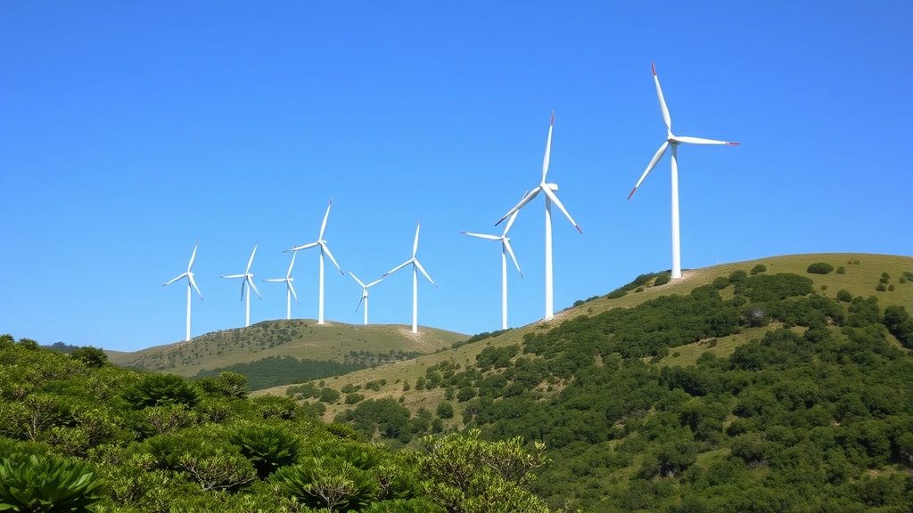 Modern wind turbines positioned on rolling hillsides with lush vegetation below, demonstrating renewable energy integration in natural environments with clear blue sky