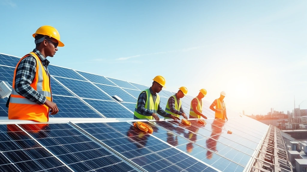 Diverse team of workers in safety equipment installing solar panels on commercial building rooftop, representing green energy employment and construction sector growth