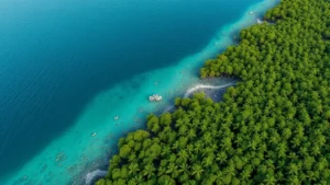 Photorealistic aerial view of intact mangrove forest meeting calm tropical ocean water, showing ecosystem's role in coastal protection and fishery support, vibrant green vegetation and blue water, no text or labels