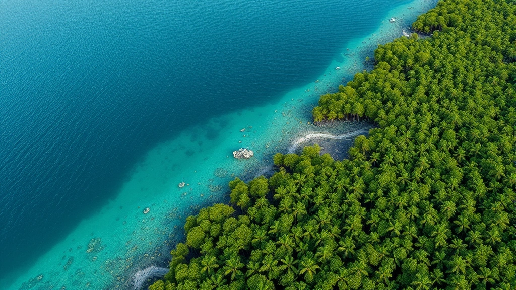 Photorealistic aerial view of intact mangrove forest meeting calm tropical ocean water, showing ecosystem's role in coastal protection and fishery support, vibrant green vegetation and blue water, no text or labels