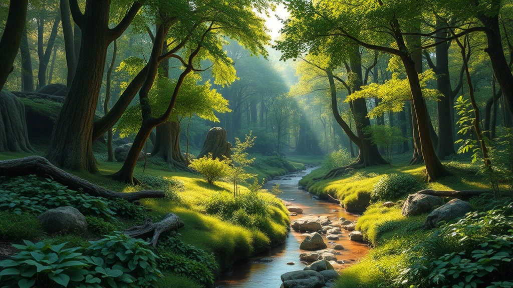 Photorealistic scene of diverse forest ecosystem with sunlight filtering through canopy, showing lush vegetation, streams, and wildlife habitat representing ecosystem services like water purification and carbon sequestration, no text