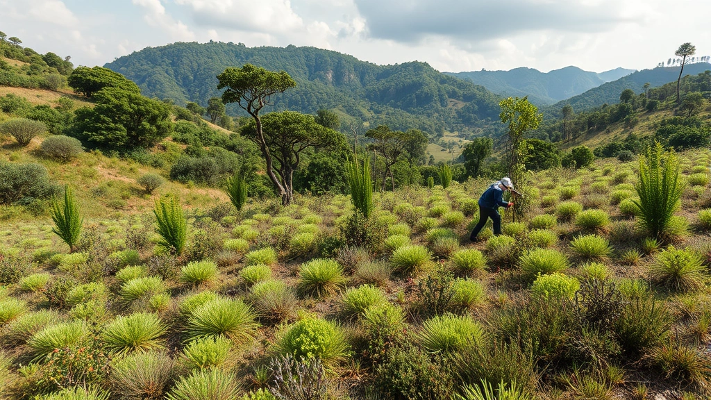Photorealistic image of restoration work in natural landscape, showing indigenous vegetation recovery and ecosystem healing, workers or conservation activity visible, representing investment in ecosystem service protection and natural capital recovery, no text